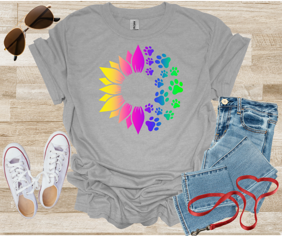 Rainbow Dog Paw Prints and Sunflower T-Shirt