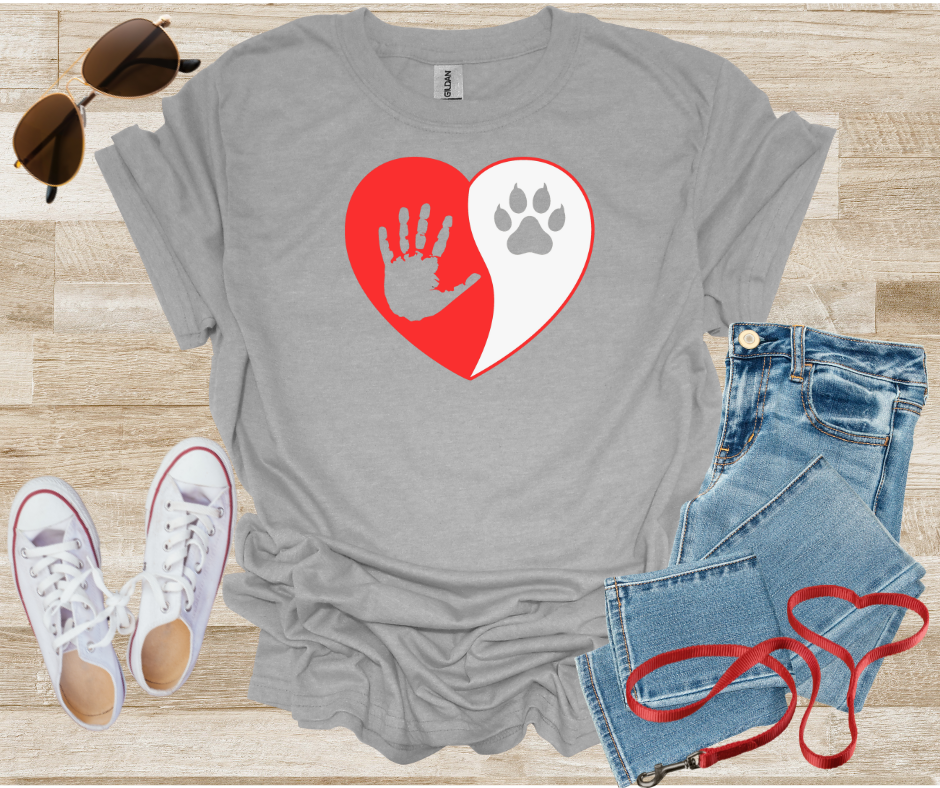 Cat Paw Print and Human Hand Print inside Heart Shape Unisex T-Shirt for Cat Lovers