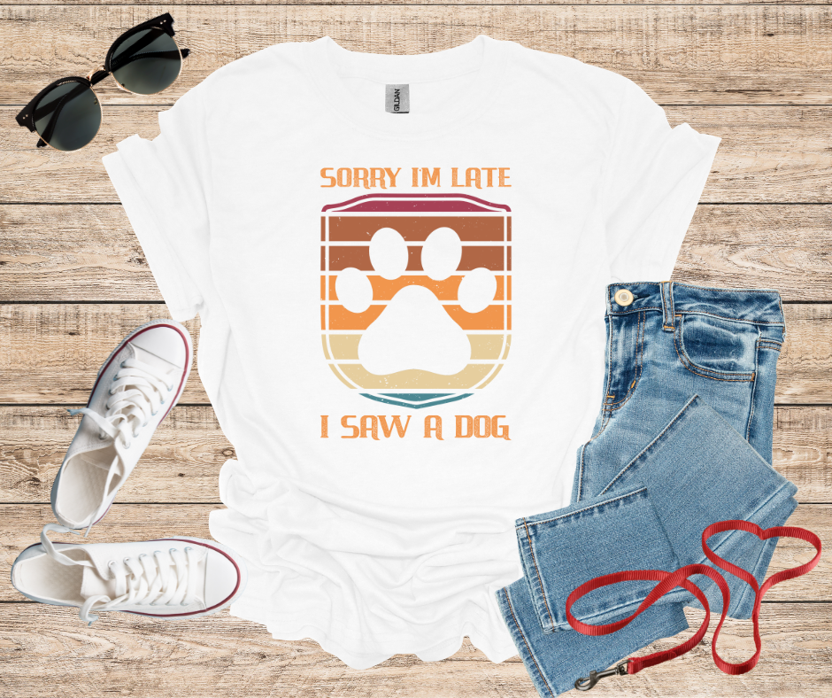 Sorry I'm Late I Saw A Dog Retro Colors Shield Paw Print T-Shirt