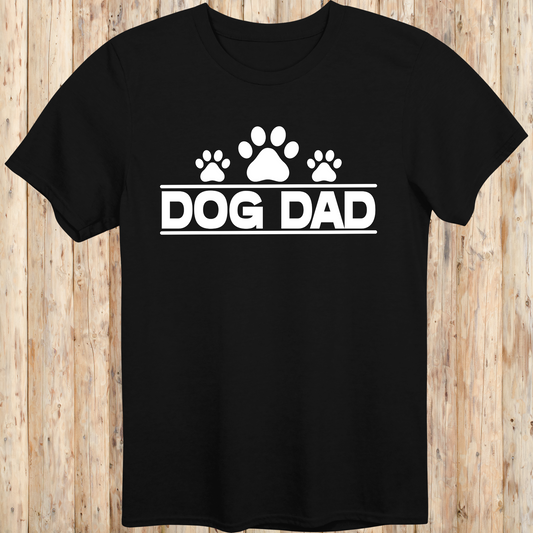 Black unisex t-shirt with bold text that says 'Dog Dad', perfect for fathers, pet owners, and dog lovers