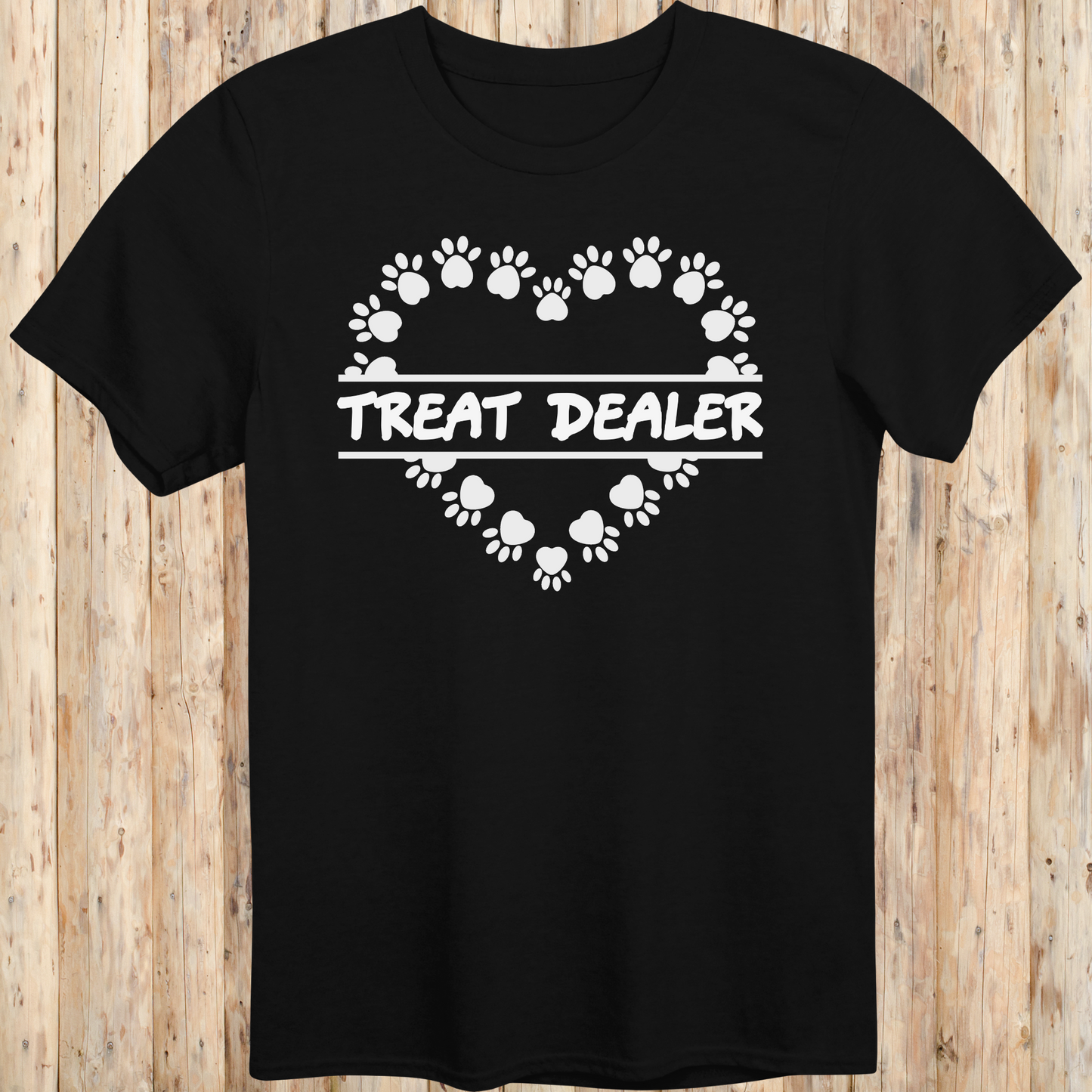 Black unisex t-shirt with text that says 'Treat Dealer', designed for dog lovers, pet parents, and dog trainers