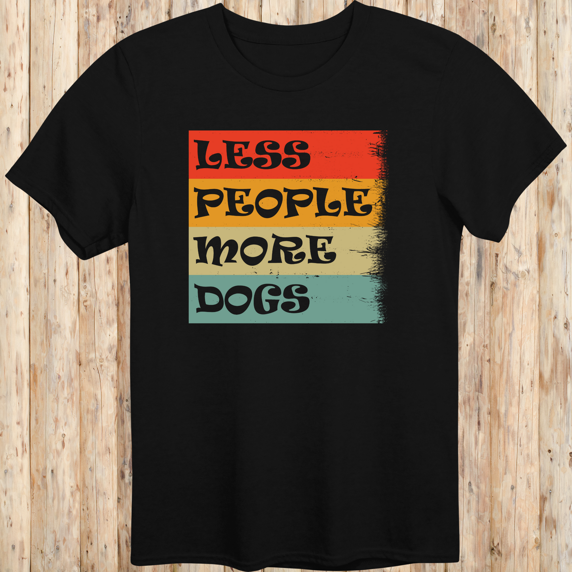 Black unisex t-shirt with text that reads 'Less People More Dogs', ideal for dog lovers and introverted pet owners
