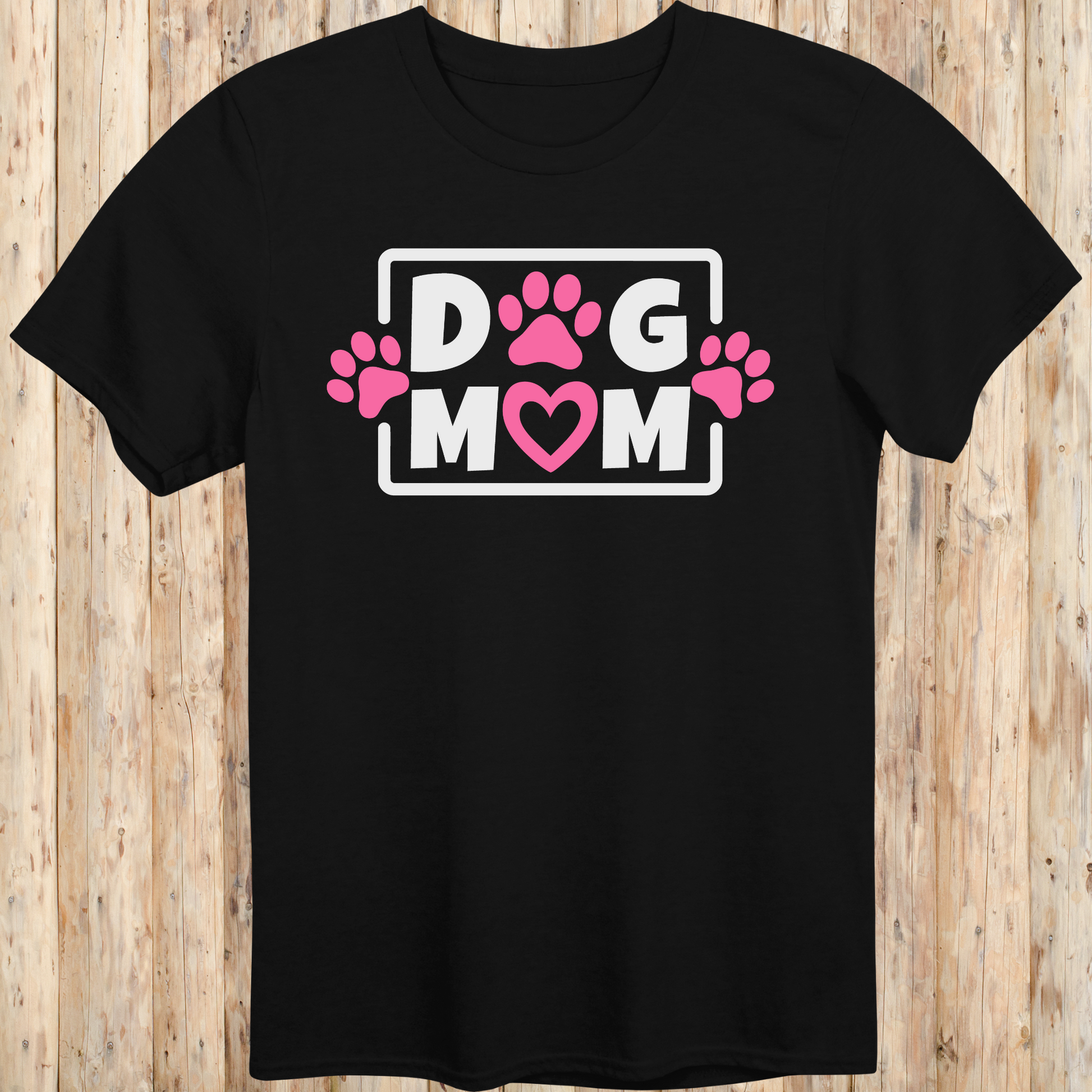 Black unisex t-shirt with bold text that says 'Dog Mom', ideal for pet moms, dog lovers, and rescue advocates