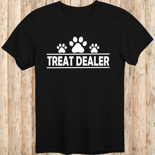 Black unisex t-shirt with text that reads 'Treat Dealer', perfect for dog lovers, trainers, and pet parents who spoil their pups