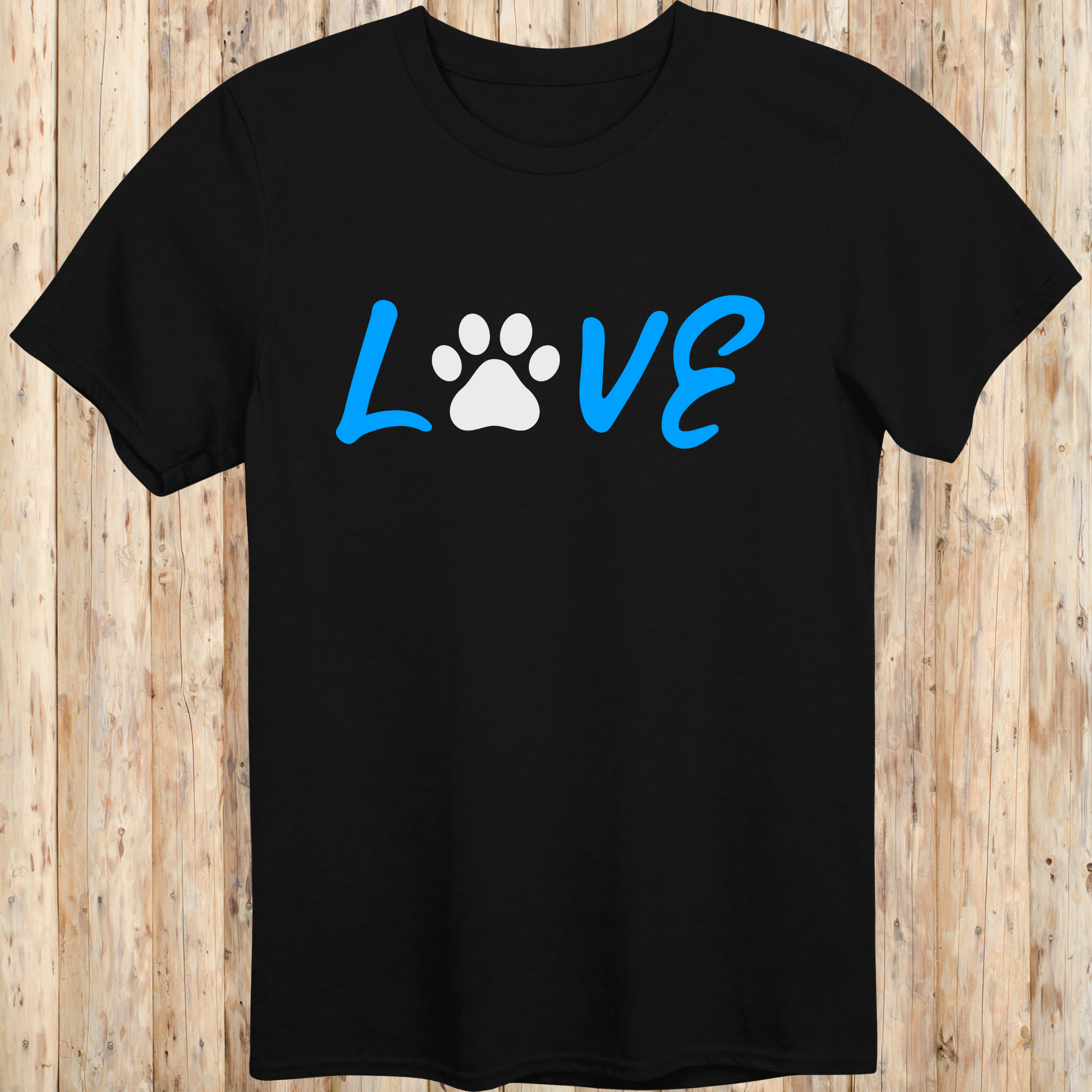 Black unisex t-shirt with the word 'LOVE' in bold letters, featuring a paw print as the 'O', ideal for dog lovers
