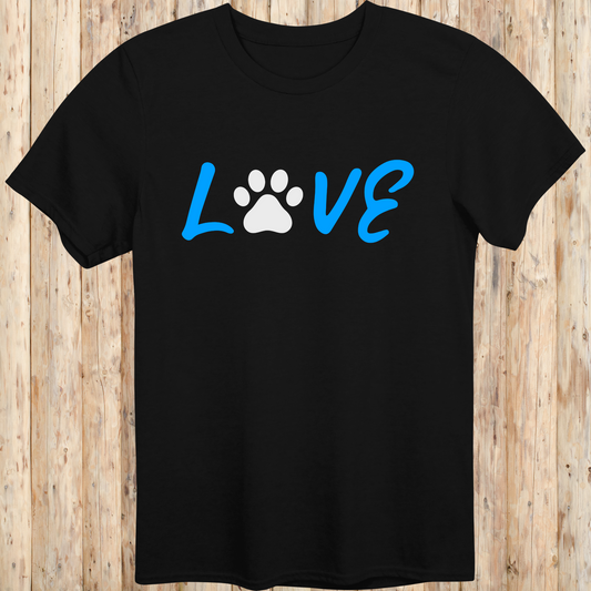 Black unisex t-shirt with the word 'LOVE' in bold letters, featuring a paw print as the 'O', ideal for dog lovers