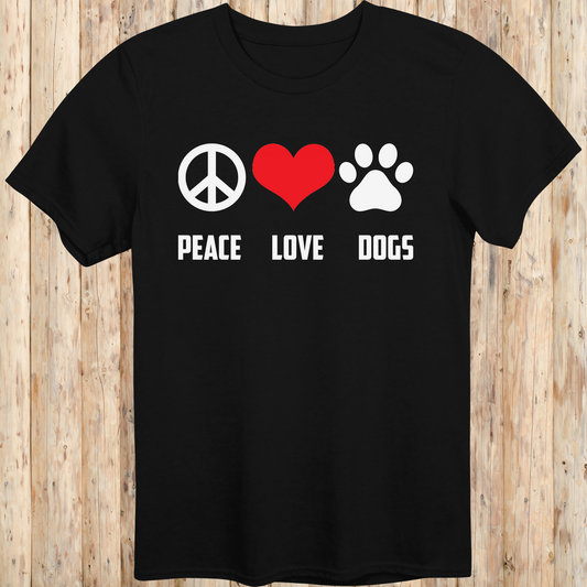 Black unisex t-shirt with peace sign, heart, and paw print icons and the text 'Peace Love Dogs', perfect for animal lovers