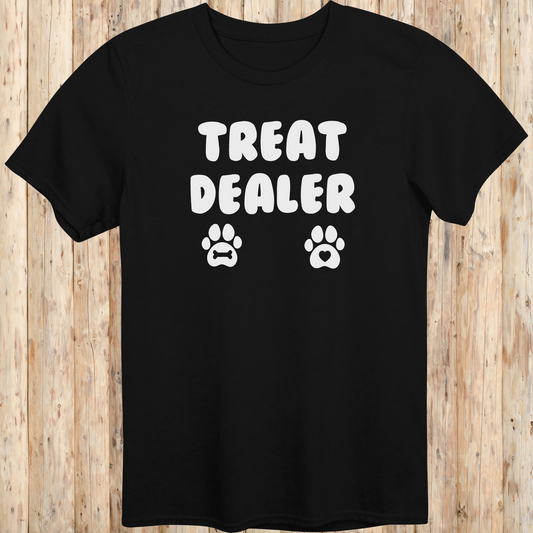 Black unisex t-shirt for men and women says Treat Dealer and has 2 paw prints.