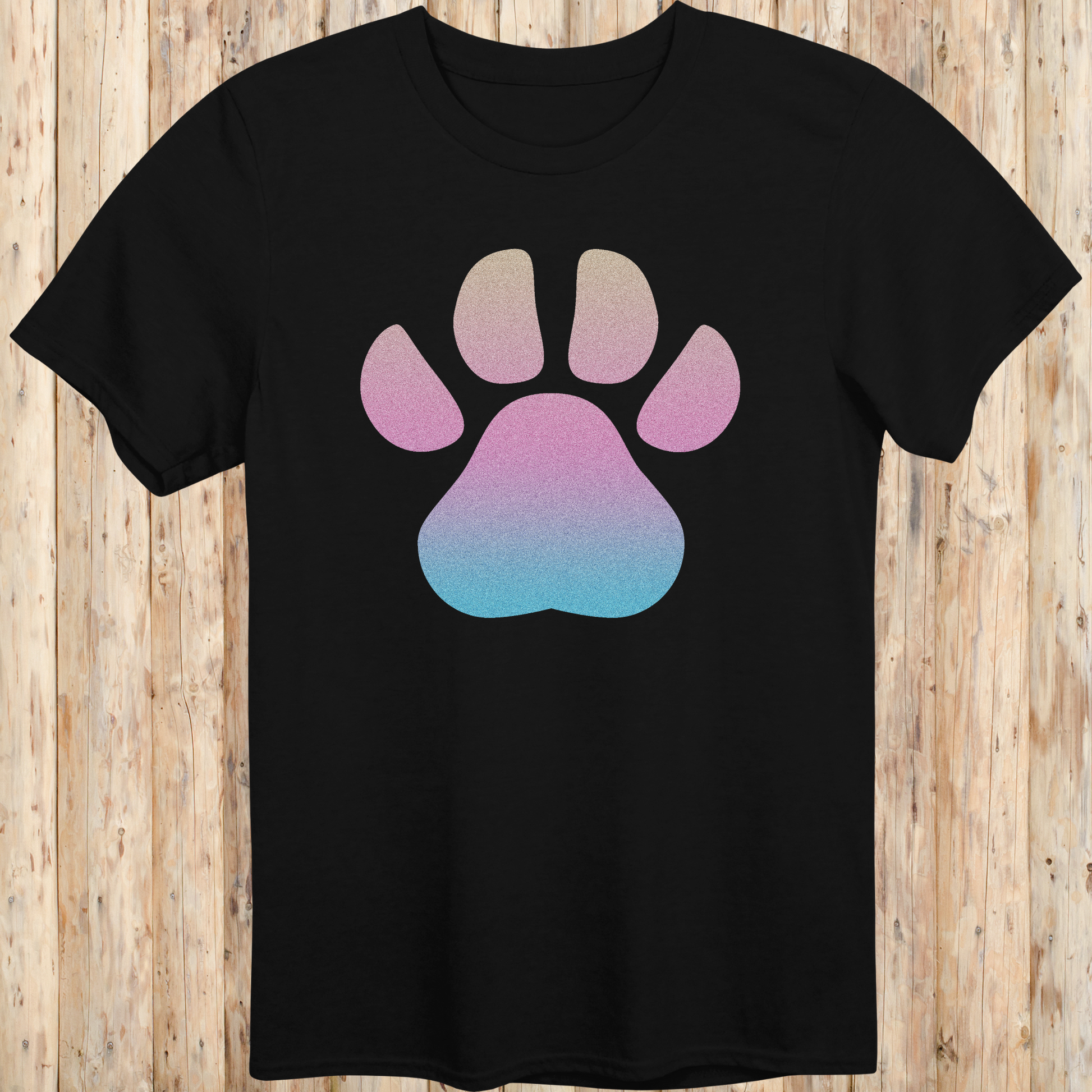 Black unisex t-shirt with a large, colorful dog paw print design on the front, ideal for dog lovers and pet enthusiasts