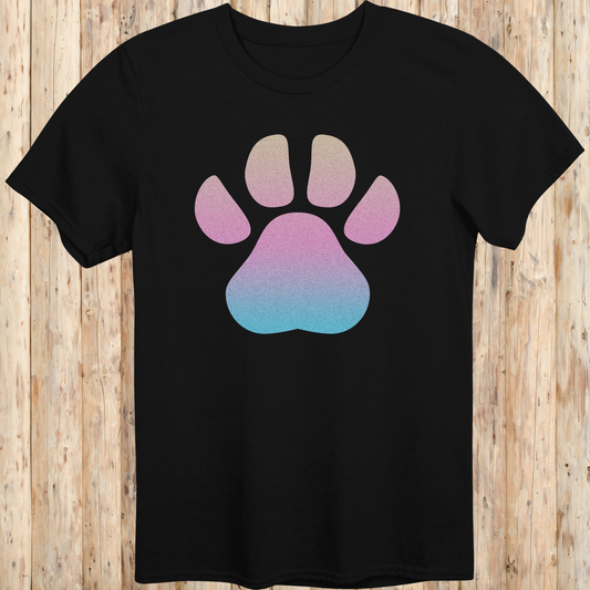 Black unisex t-shirt with a large, colorful dog paw print design on the front, ideal for dog lovers and pet enthusiasts