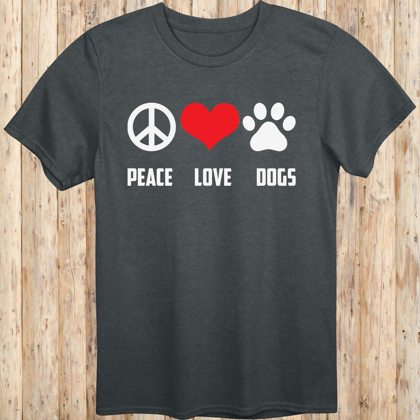 Dark heather unisex t-shirt with peace sign, heart, and paw print icons and the text 'Peace Love Dogs', perfect for animal lovers.