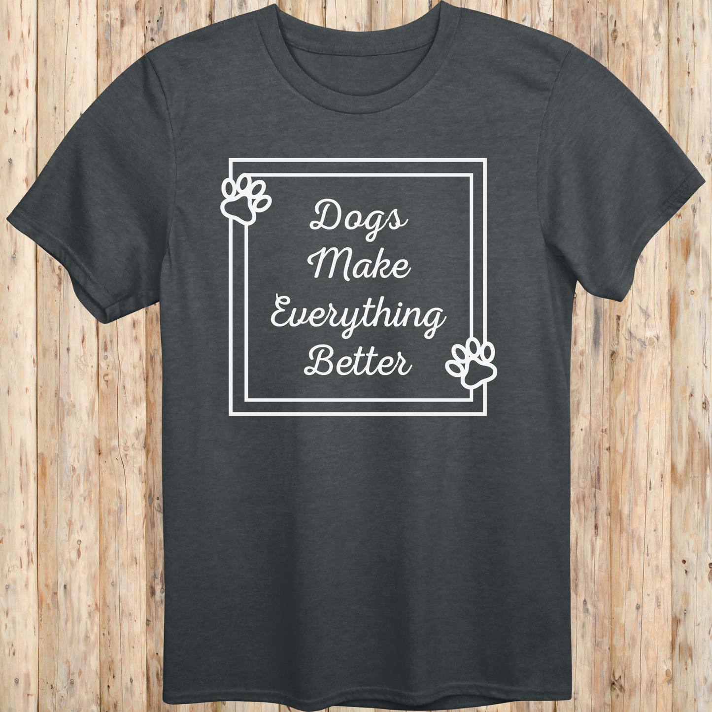 Dark heather unisex t-shirt with text that reads 'Dogs Make Everything Better', ideal for dog lovers and animal enthusiasts