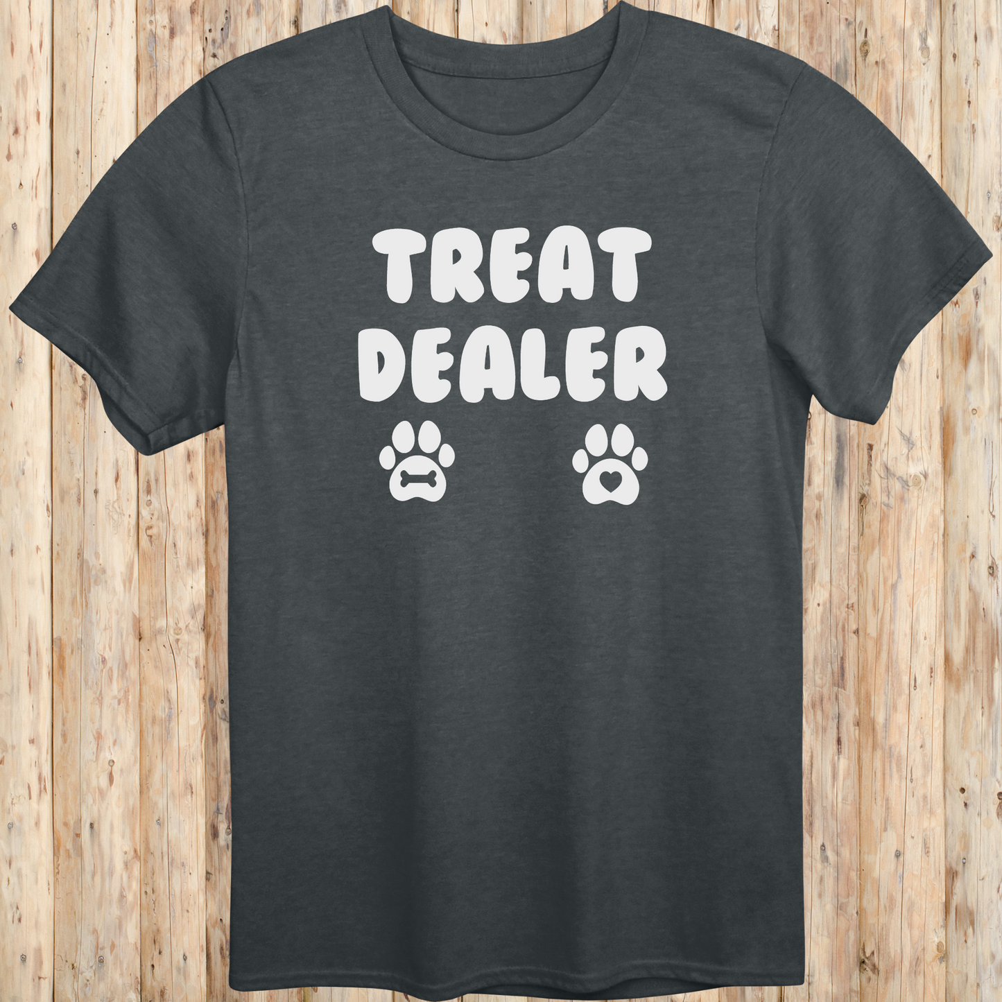 Dark heather unisex t-shirt for men and women says Treat Dealer and has 2 paw prints.