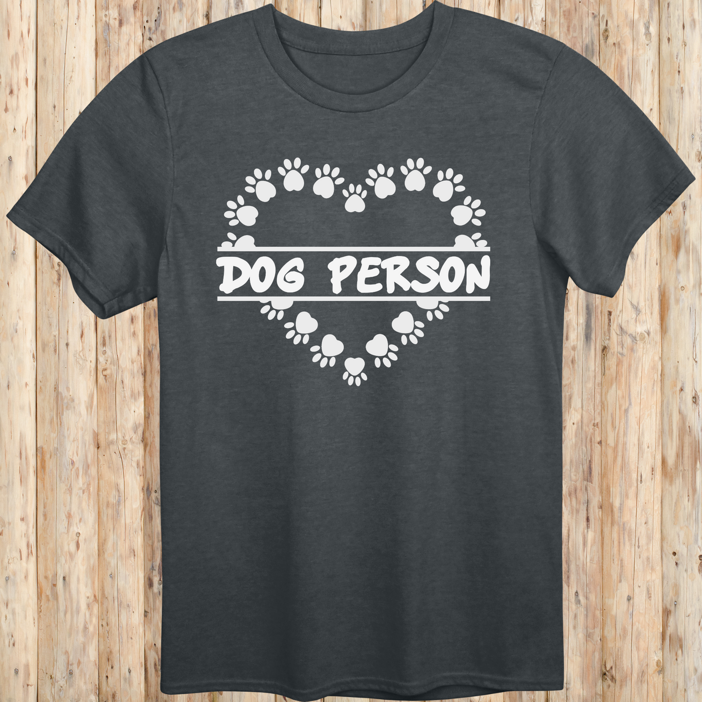 Dark heather unisex t-shirt with text that reads 'Dog Person', perfect for dog lovers and pet owners
