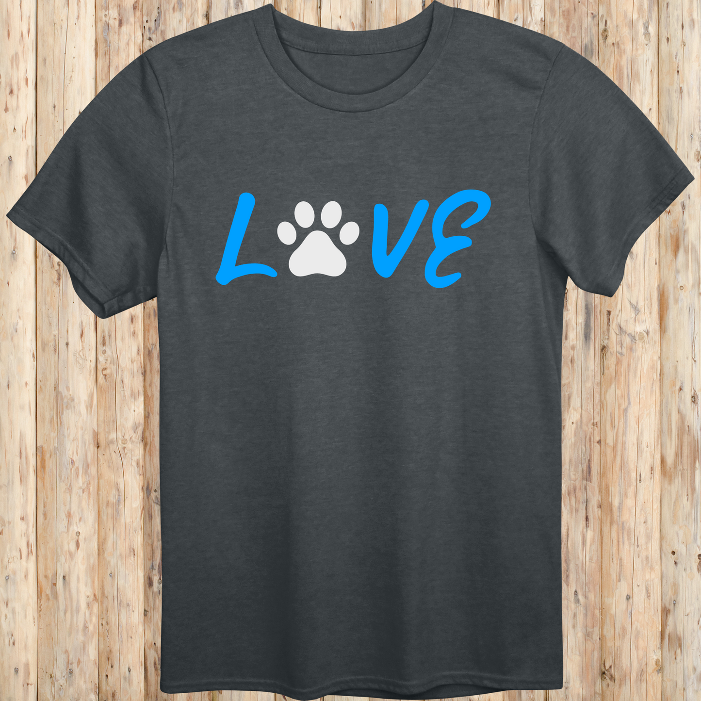 Dark heather unisex t-shirt with the word 'LOVE' in bold letters, featuring a paw print as the 'O', ideal for dog lovers