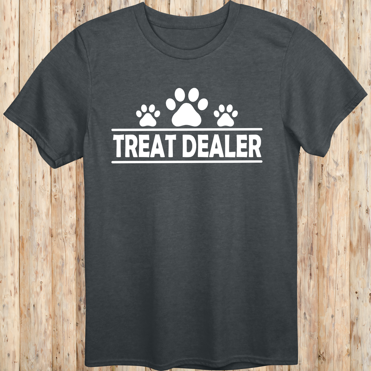 Dark heather unisex t-shirt with text that reads 'Treat Dealer', perfect for dog lovers, trainers, and pet parents who spoil their pups