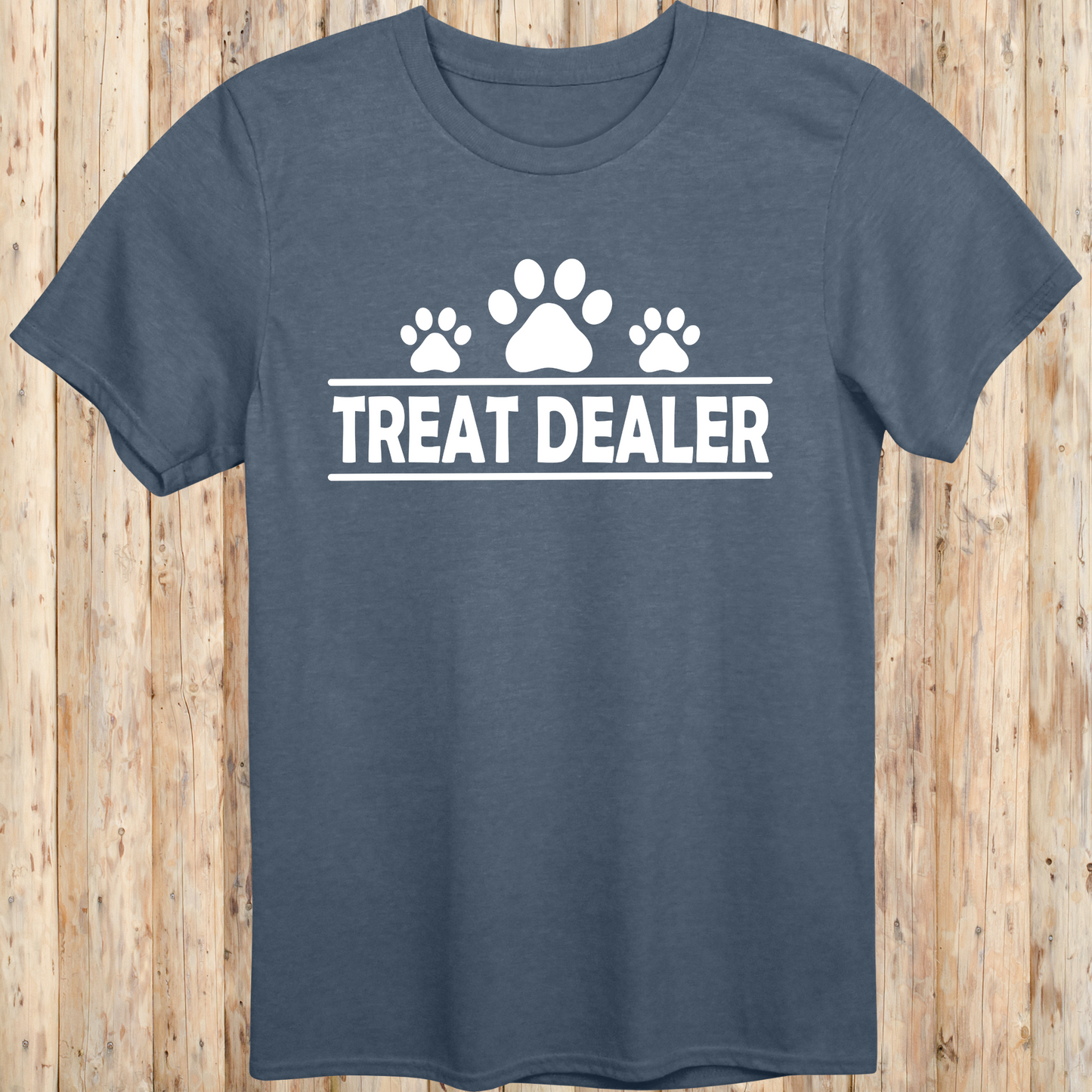 Heather indigo unisex t-shirt with text that reads 'Treat Dealer', perfect for dog lovers, trainers, and pet parents who spoil their pups