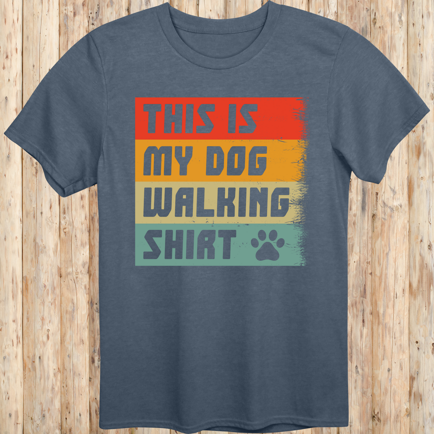 Heather indigo unisex t-shirt with text that reads 'This Is My Dog Walking Shirt', perfect for dog owners and pet walkers