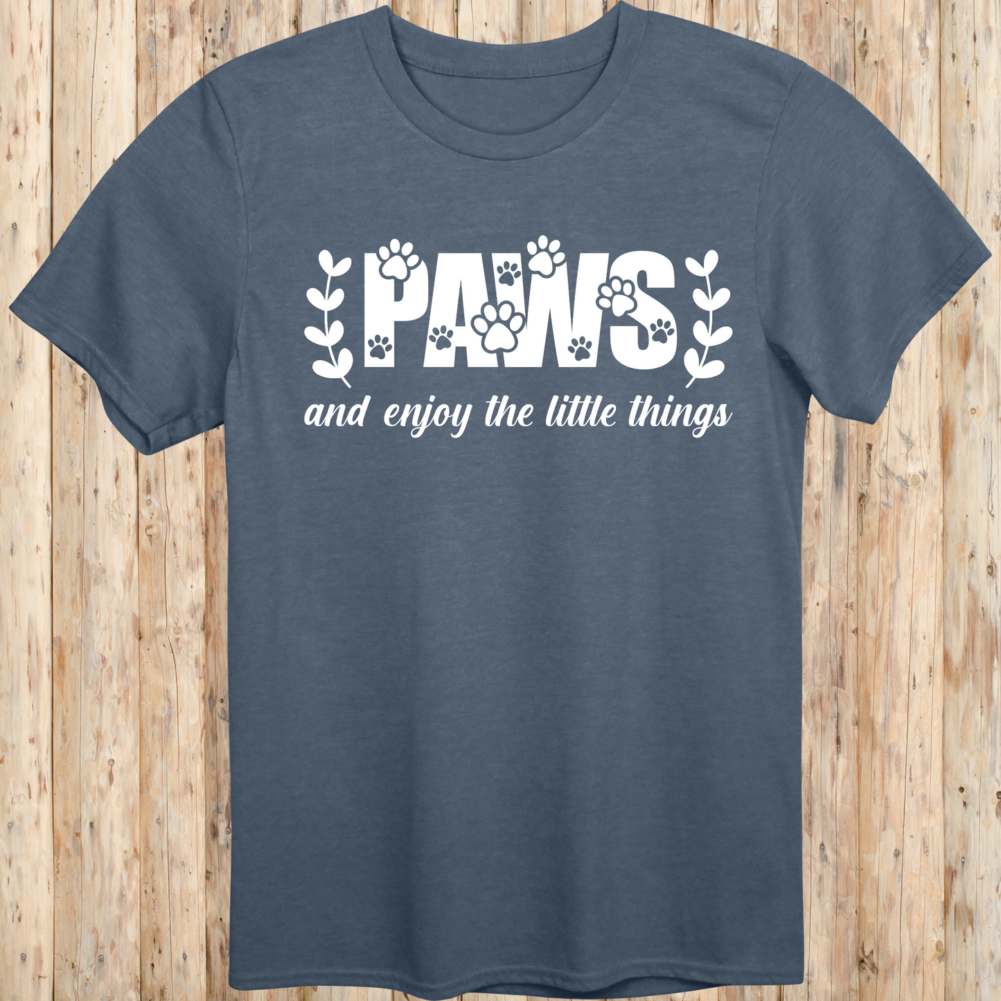 Unisex Heather Indigo T-shirt Paws and Enjoy The Little Things for Dog Owners Men Women