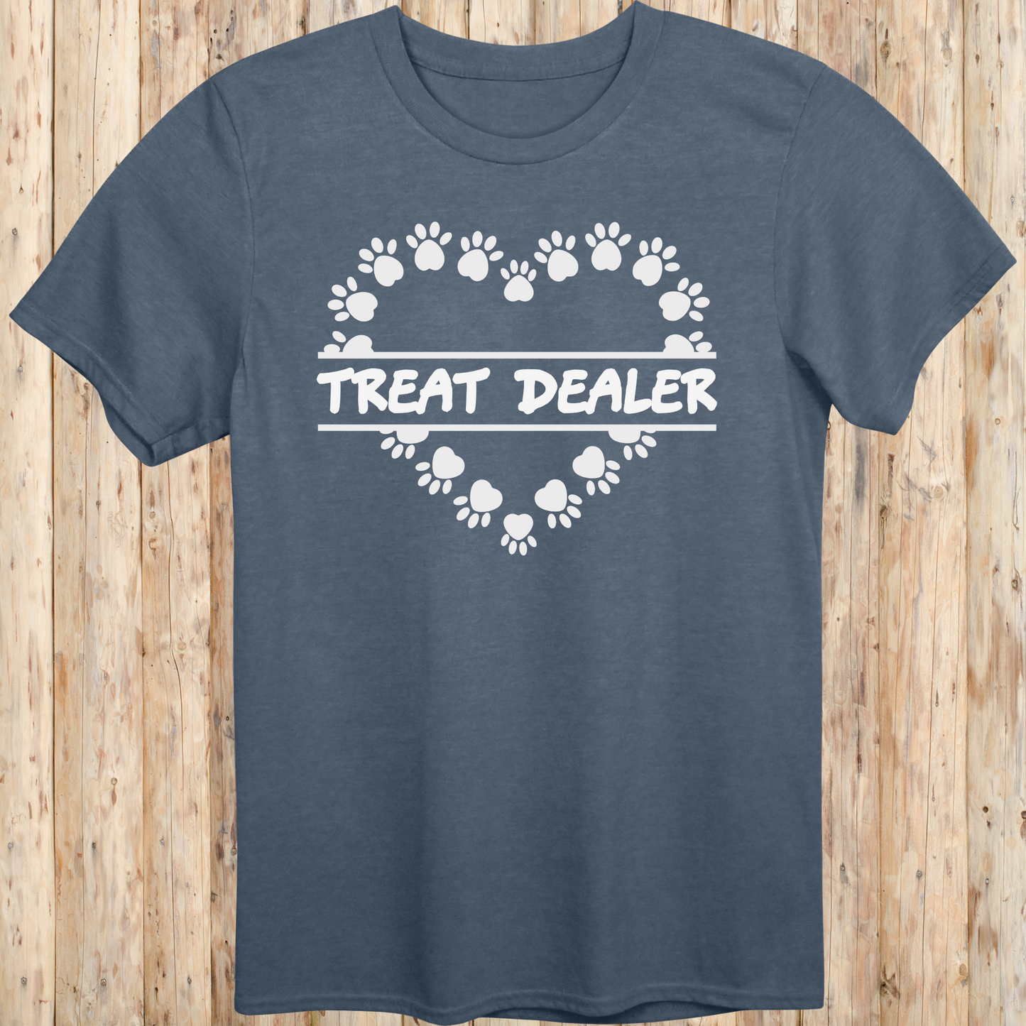 Heather indigo unisex t-shirt with text that says 'Treat Dealer', designed for dog lovers, pet parents, and dog trainers