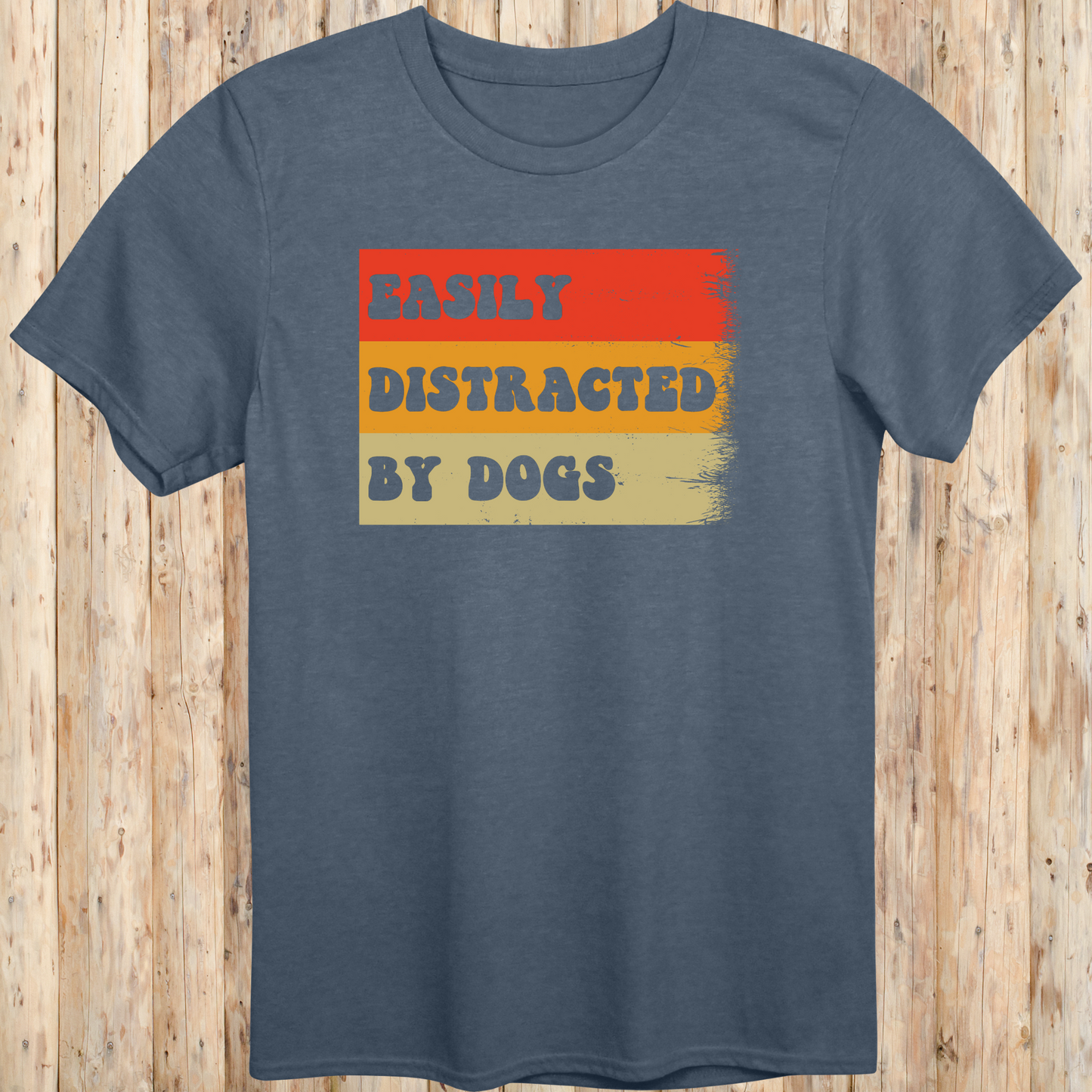 Heather indigo unisex t-shirt with text that says 'Easily Distracted By Dogs', ideal for pet lovers and dog-obsessed owners