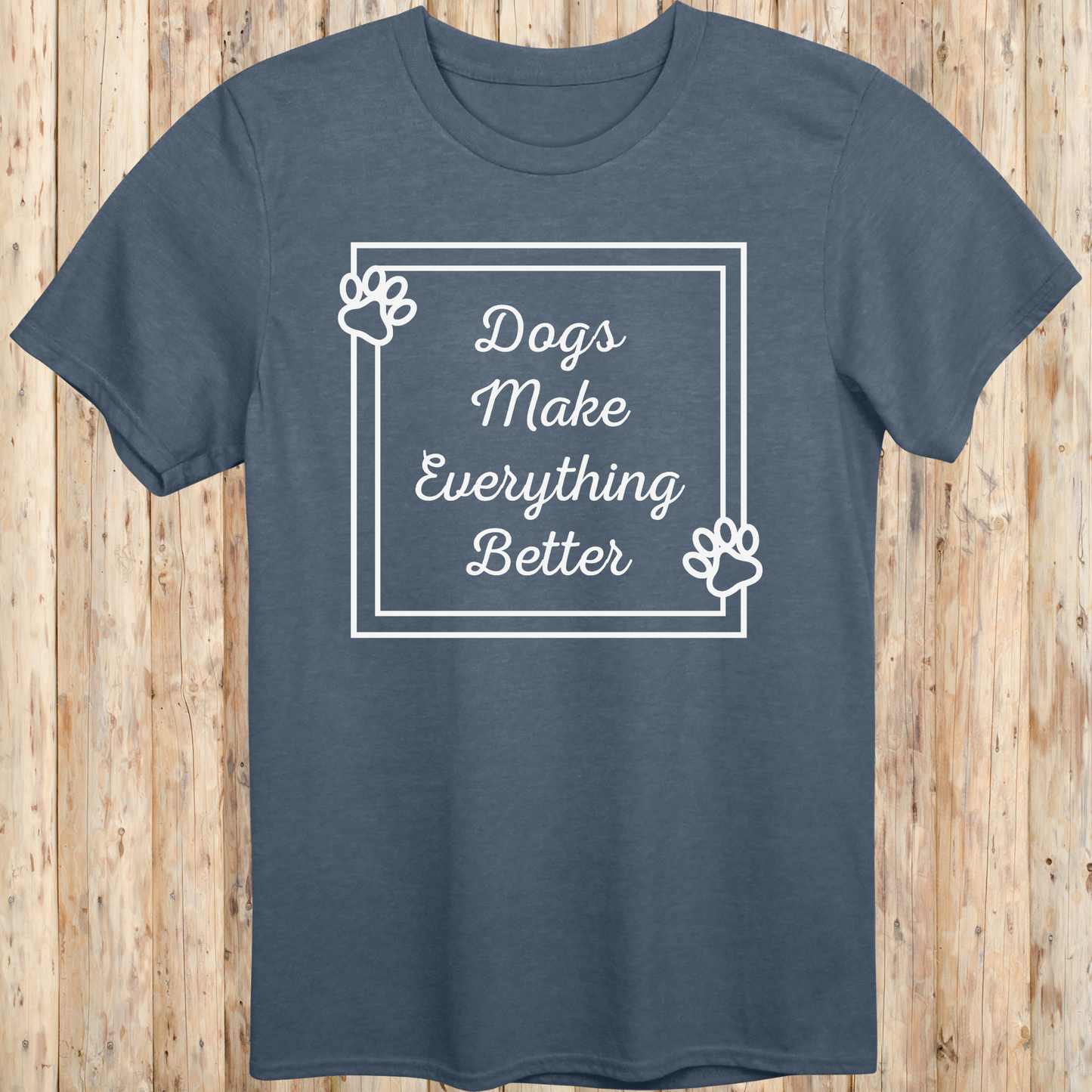 Heather indigo unisex t-shirt with text that reads 'Dogs Make Everything Better', ideal for dog lovers and animal enthusiasts