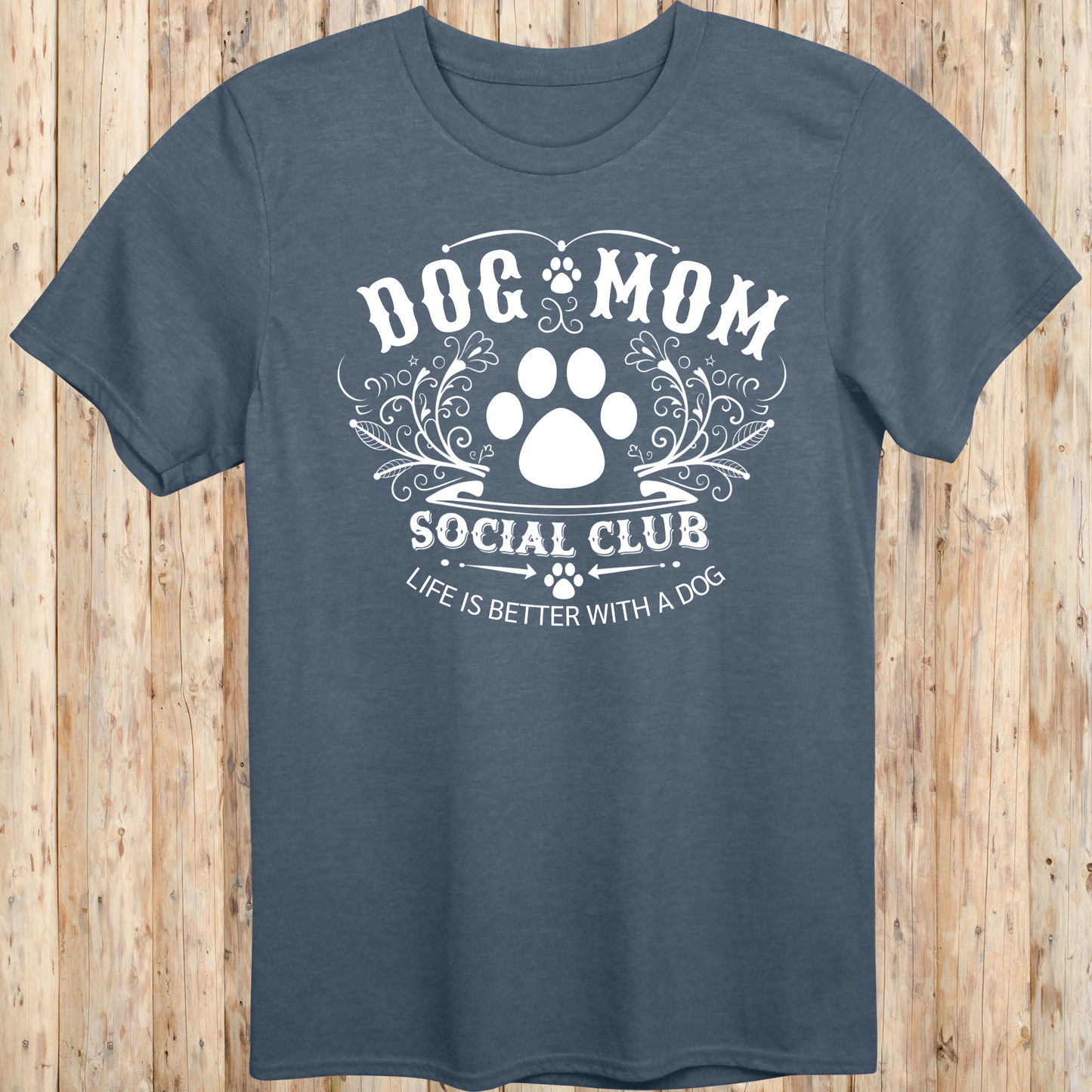 Unisex Heather Indigo T-shirt with Dog Mom Social Club for Women