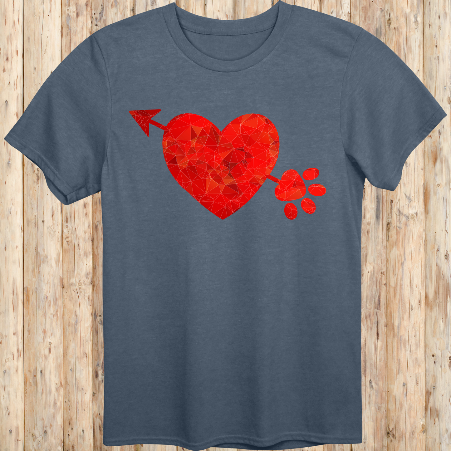 Heather indigo unisex t-shirt with a heart, arrow, and paw print graphic design, ideal for dog lovers and pet parents