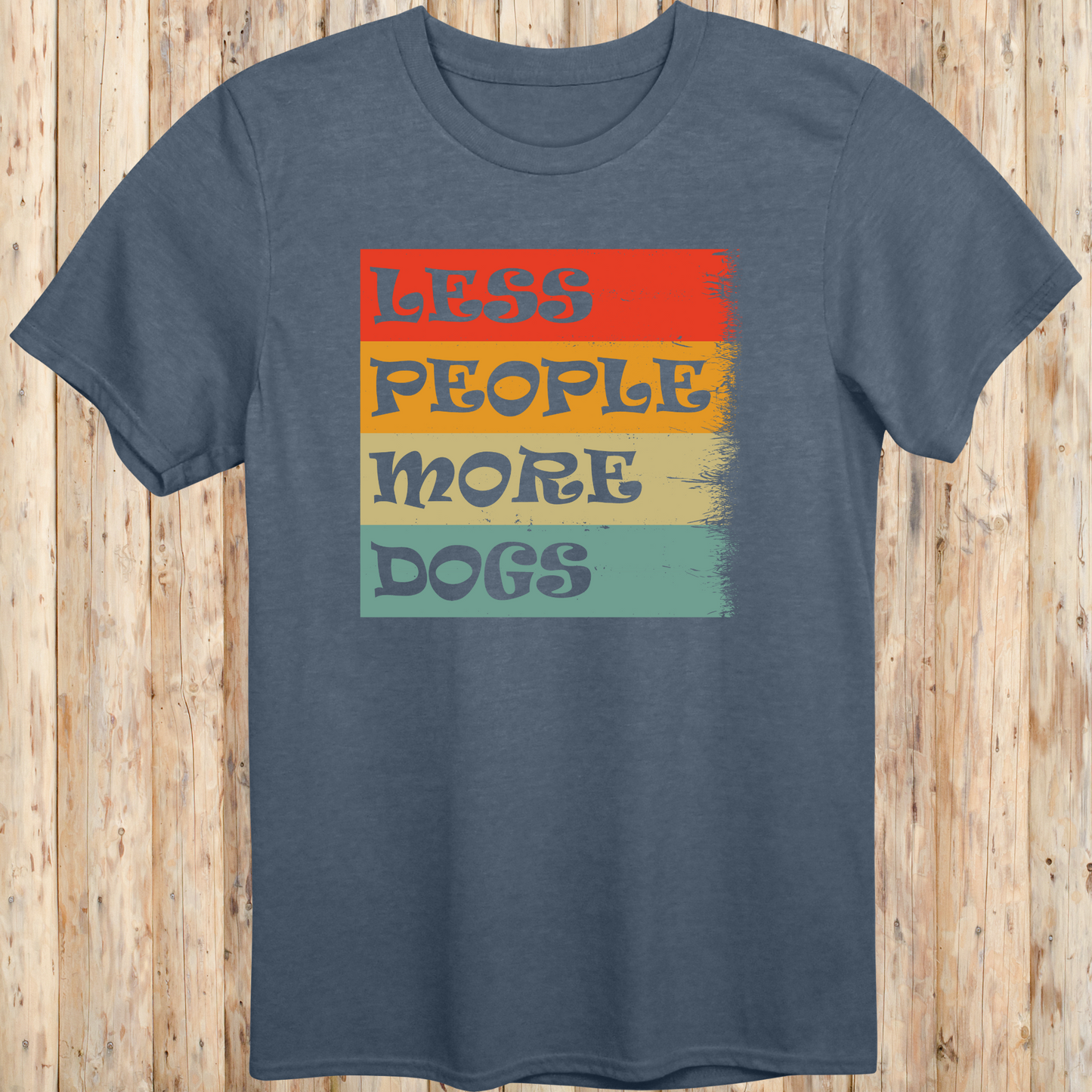 Heather indigo unisex t-shirt with text that reads 'Less People More Dogs', ideal for dog lovers and introverted pet owners