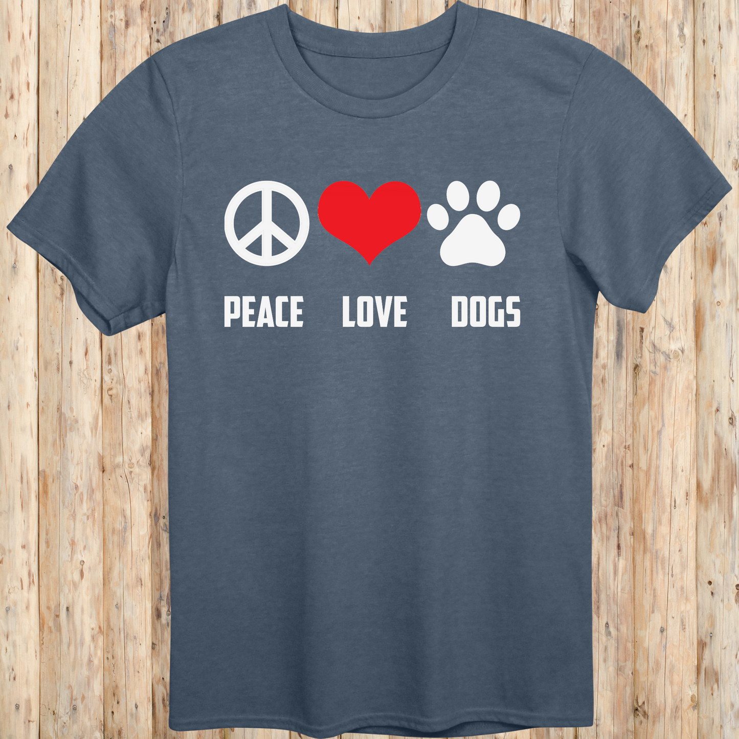 Heather indigo unisex t-shirt with peace sign, heart, and paw print icons and the text 'Peace Love Dogs', perfect for animal lovers.
