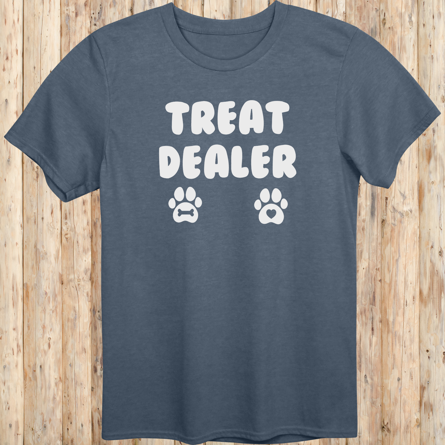 Heather indigo unisex t-shirt for men and women says Treat Dealer and has 2 paw prints.
