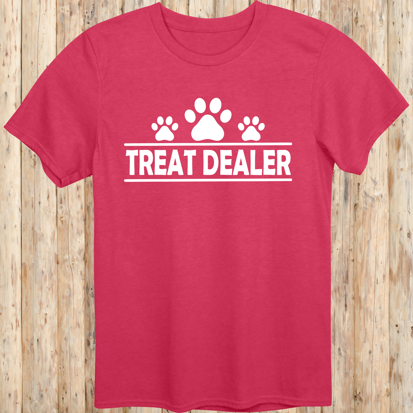 Heather red unisex t-shirt with text that reads 'Treat Dealer', perfect for dog lovers, trainers, and pet parents who spoil their pups