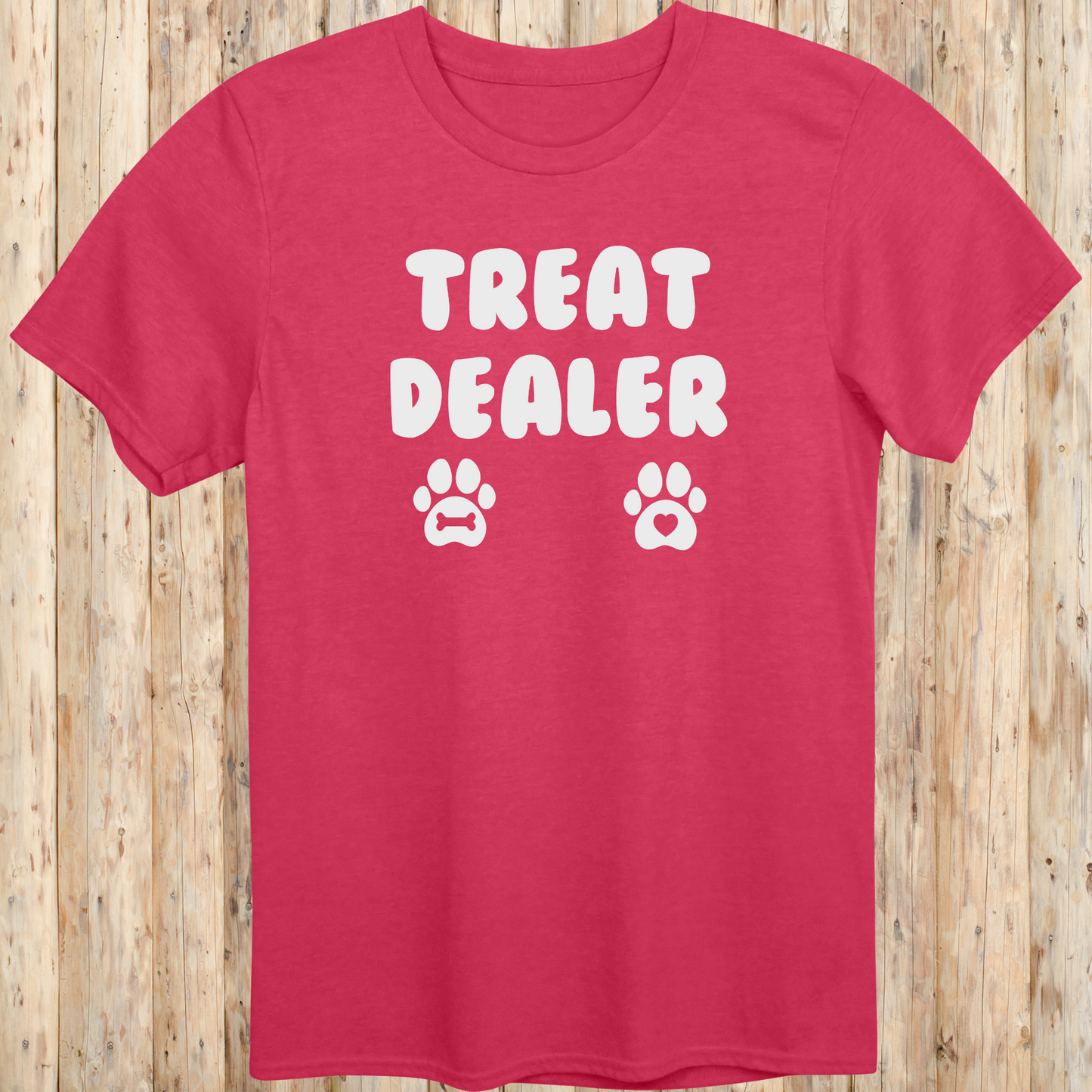 Heather red unisex t-shirt for men and women says Treat Dealer and has 2 paw prints.