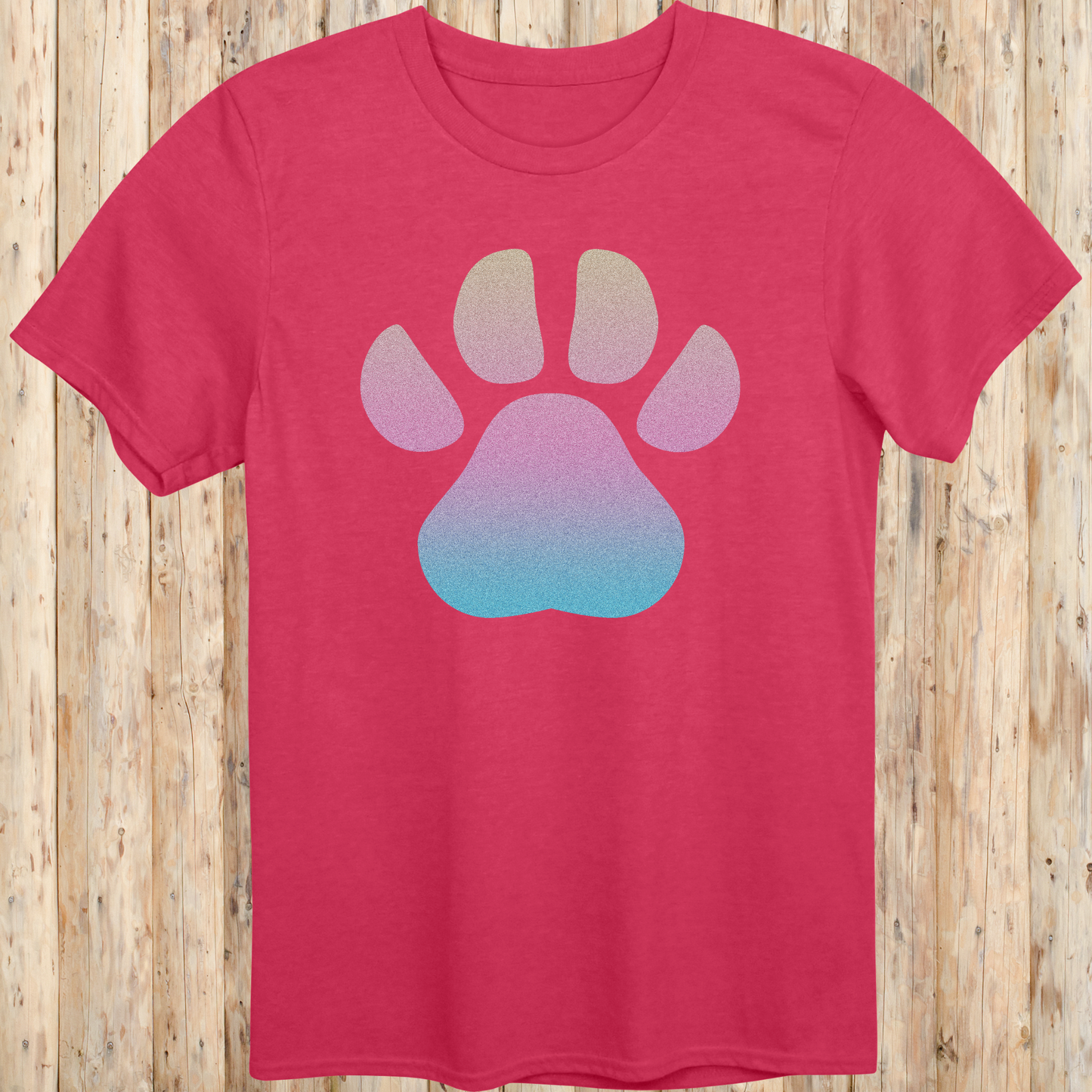 Heather red unisex t-shirt with a large, colorful dog paw print design on the front, ideal for dog lovers and pet enthusiasts