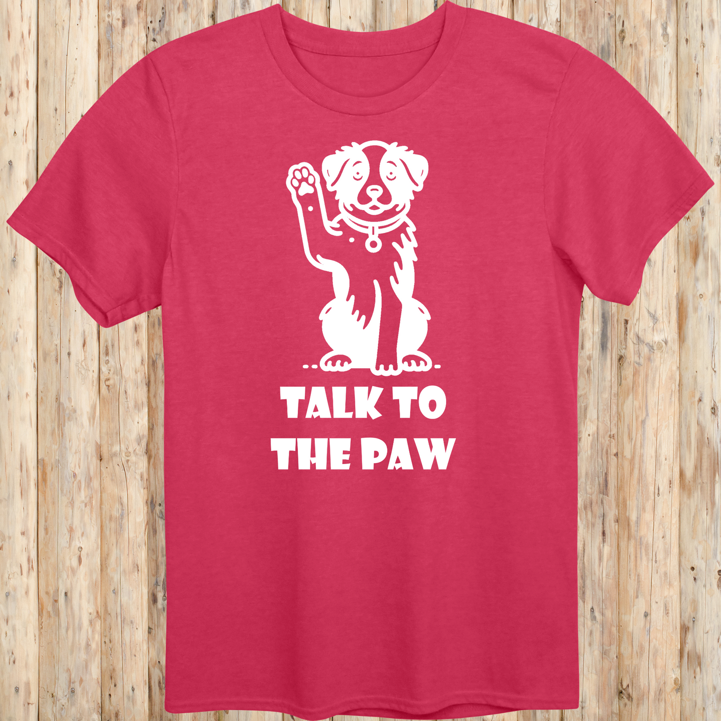 Heather red unisex t-shirt with text that says 'Talk to the Paw', ideal for dog lovers and pet parents with a fun, sassy style