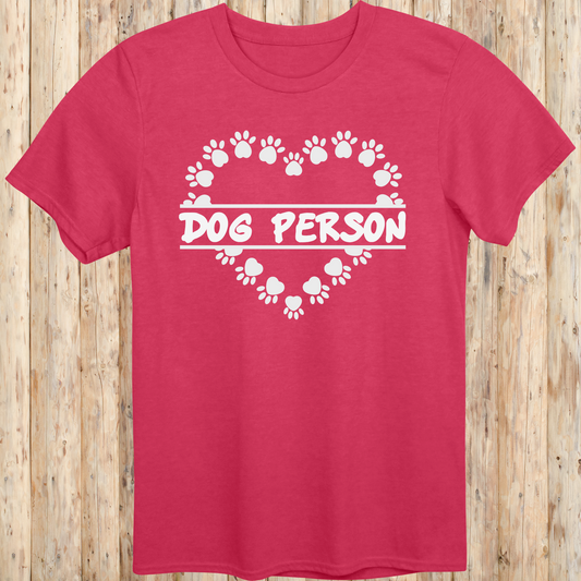Heather red unisex t-shirt with text that reads 'Dog Person', perfect for dog lovers and pet owners