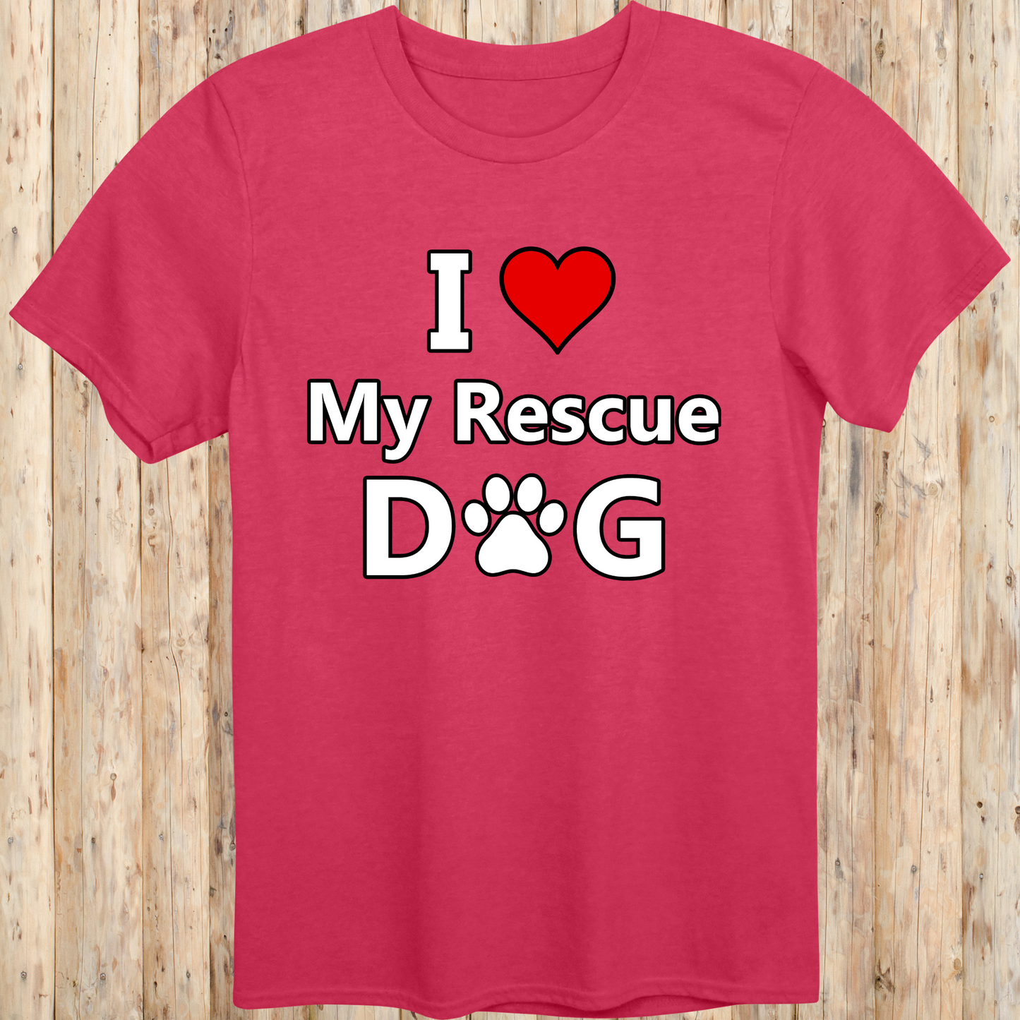 A heather red unisex T-shirt featuring bold, easy-to-read text that says "I Love My Rescue Dog." The design is simple yet eye-catching, emphasizing the love and appreciation for rescue dogs. The shirt has a casual, stylish fit, making it perfect for everyday wear by dog lovers and advocates of pet adoption.