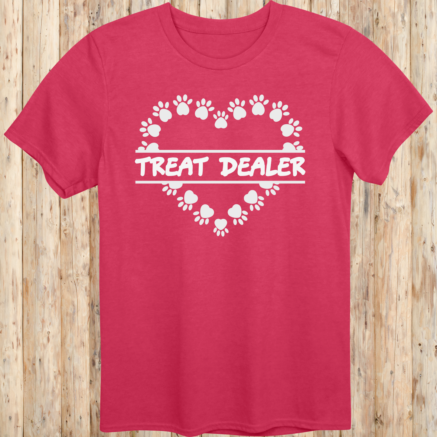 Heather red unisex t-shirt with text that says 'Treat Dealer', designed for dog lovers, pet parents, and dog trainers