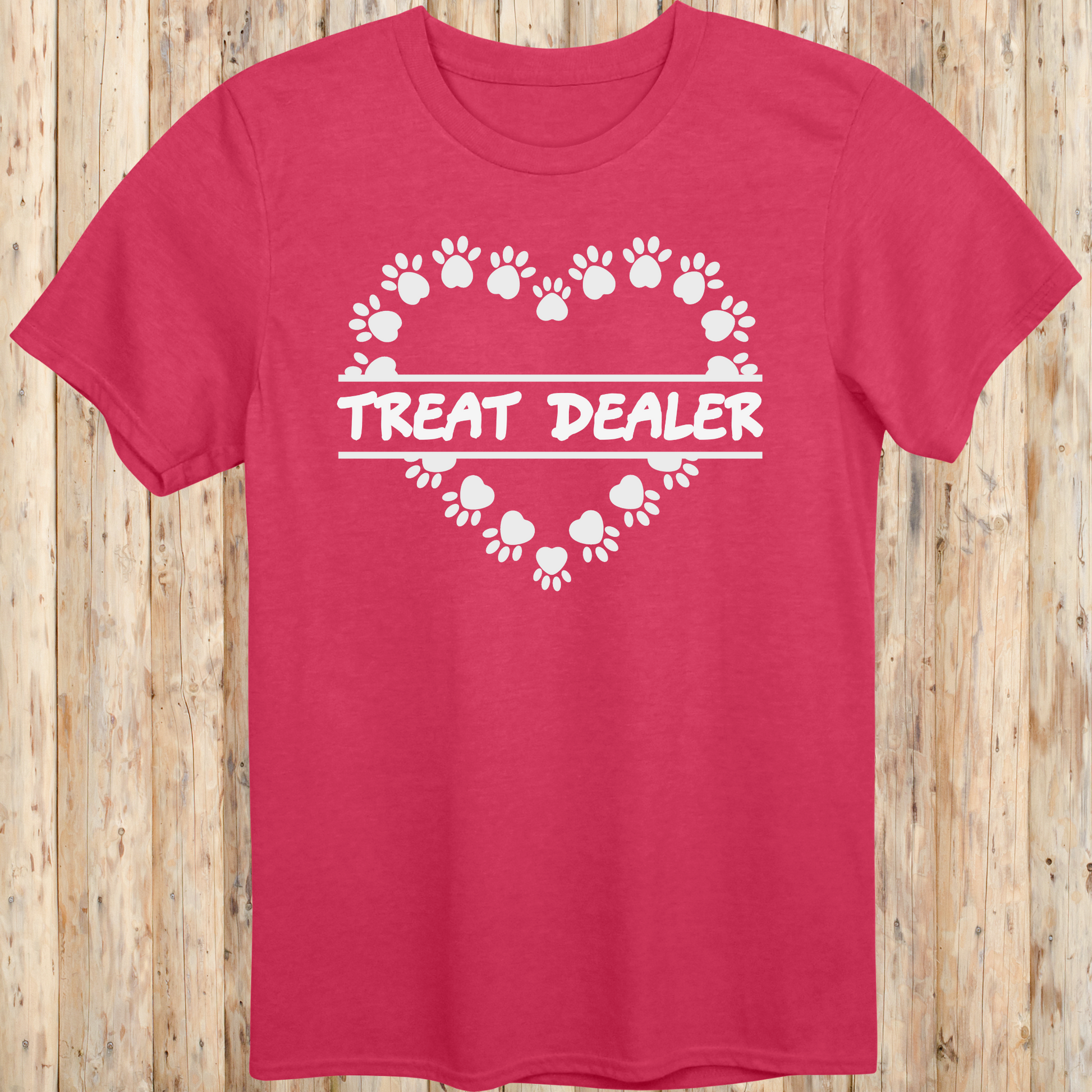 Heather red unisex t-shirt with text that says 'Treat Dealer', designed for dog lovers, pet parents, and dog trainers