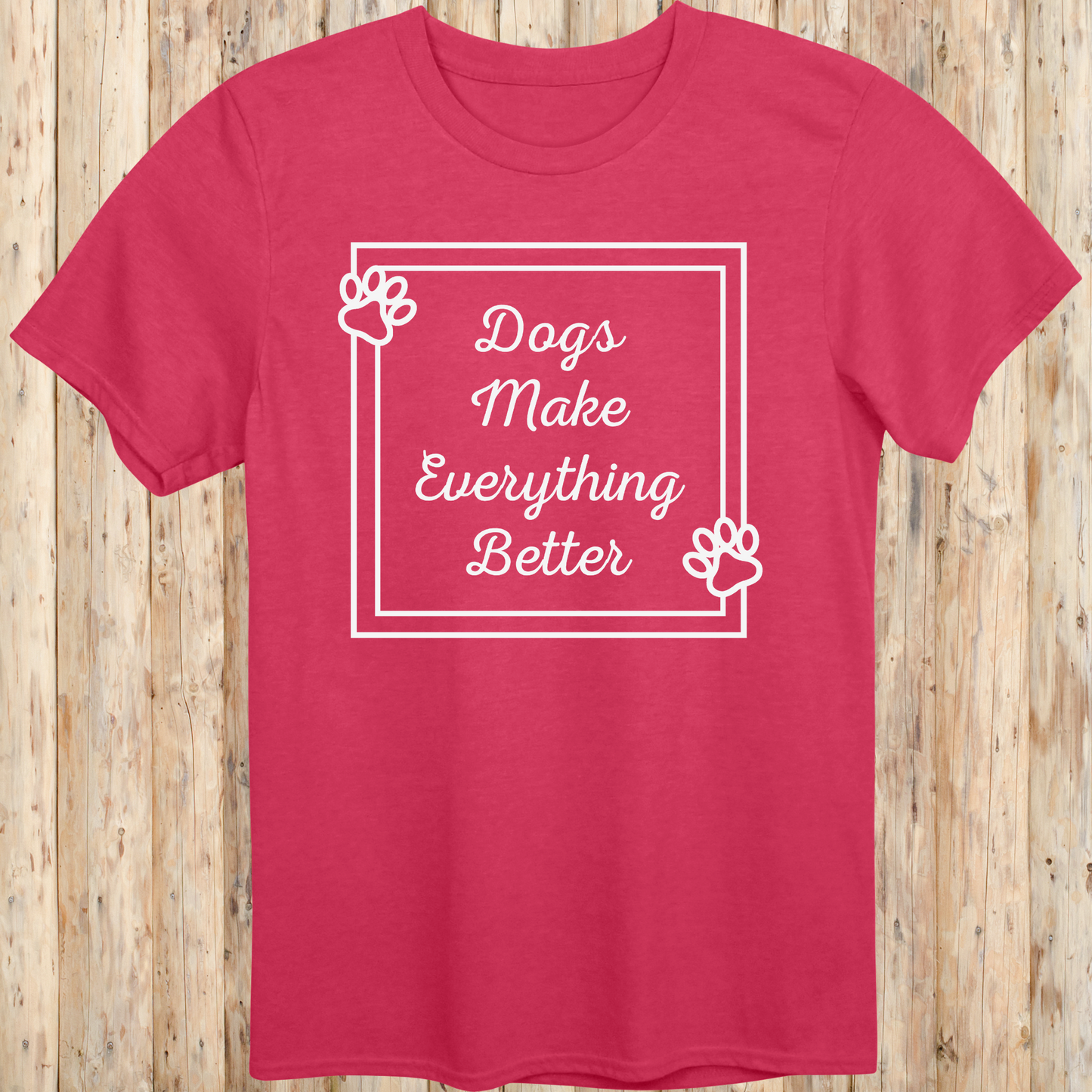 Heather red unisex t-shirt with text that reads 'Dogs Make Everything Better', ideal for dog lovers and animal enthusiasts