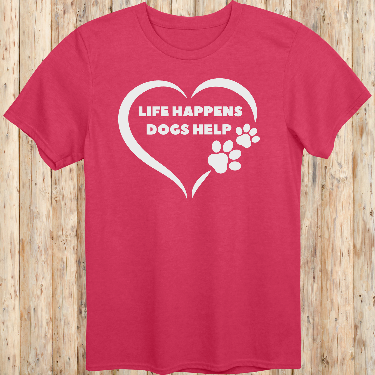 Heather red unisex t-shirt for dog lovers with text that reads 'Life Happens, Dogs Help'