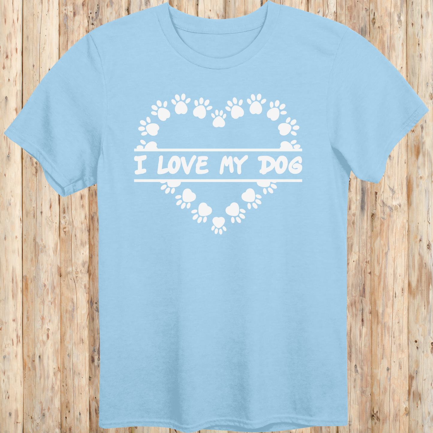Light blue unisex t-shirt with text that says 'I Love My Dog', perfect for dog lovers and pet owners