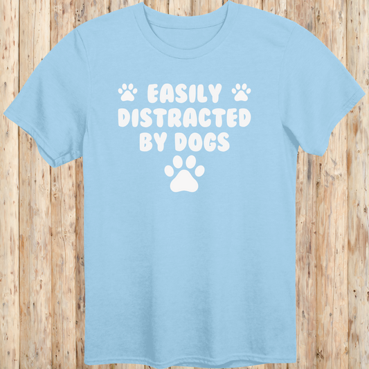 funny dog t-shirt easily distracted by dogs light blue for men women adults humans paw prints 