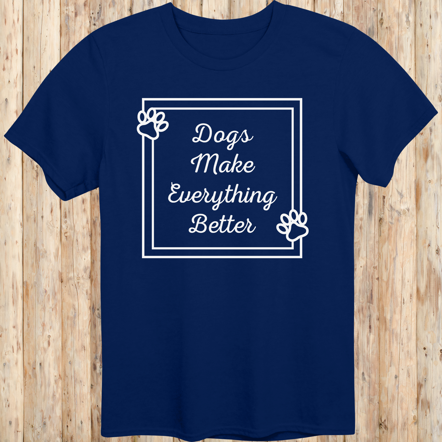 Navy blue unisex t-shirt with text that reads 'Dogs Make Everything Better', ideal for dog lovers and animal enthusiasts