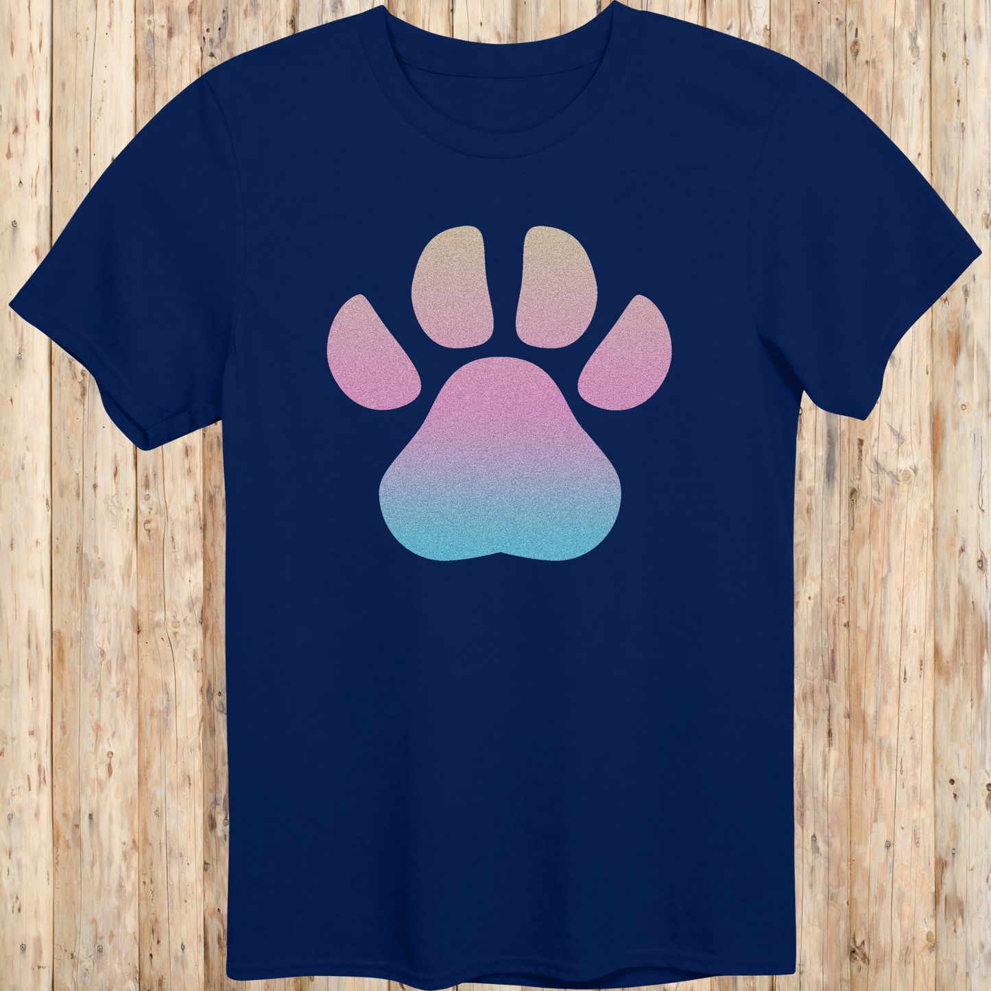 Navy blue unisex t-shirt with a large, colorful dog paw print design on the front, ideal for dog lovers and pet enthusiasts