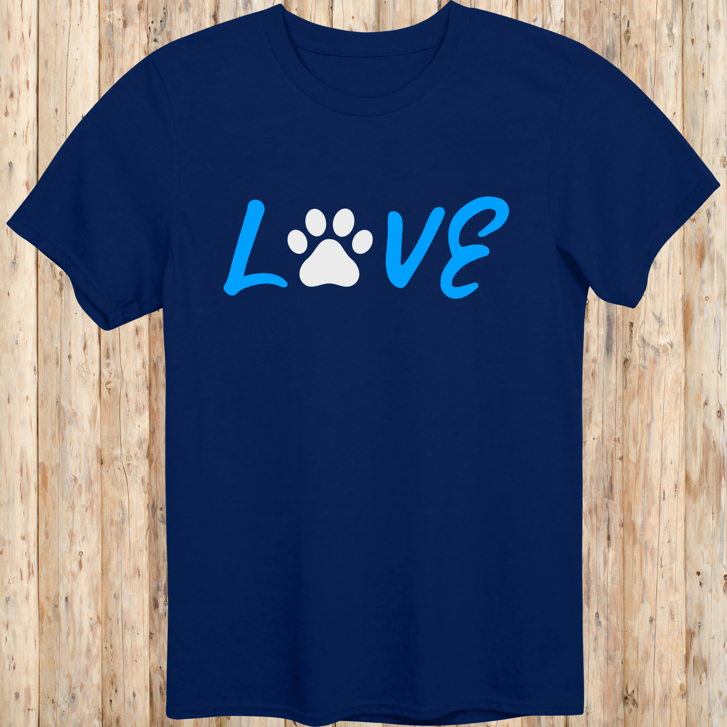 Navy blue unisex t-shirt with the word 'LOVE' in bold letters, featuring a paw print as the 'O', ideal for dog lovers