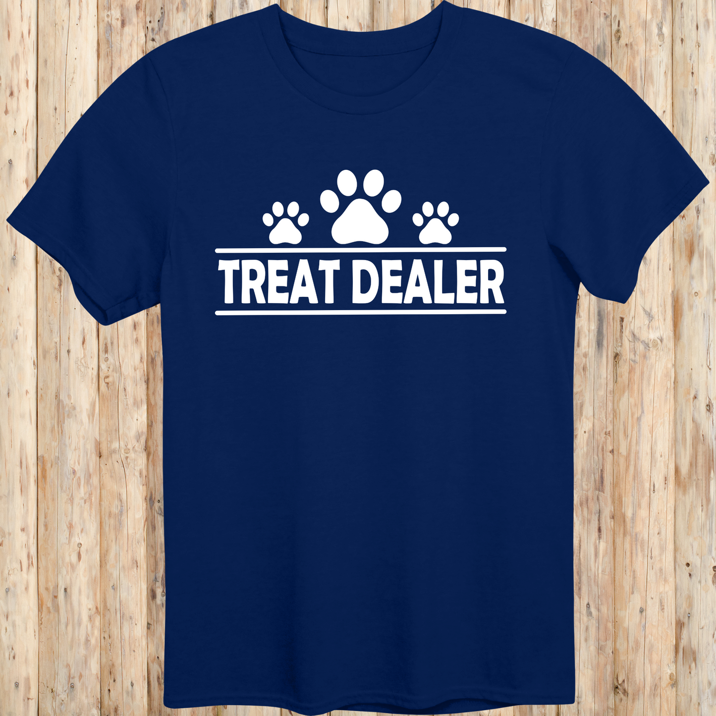Navy blue unisex t-shirt with text that reads 'Treat Dealer', perfect for dog lovers, trainers, and pet parents who spoil their pups