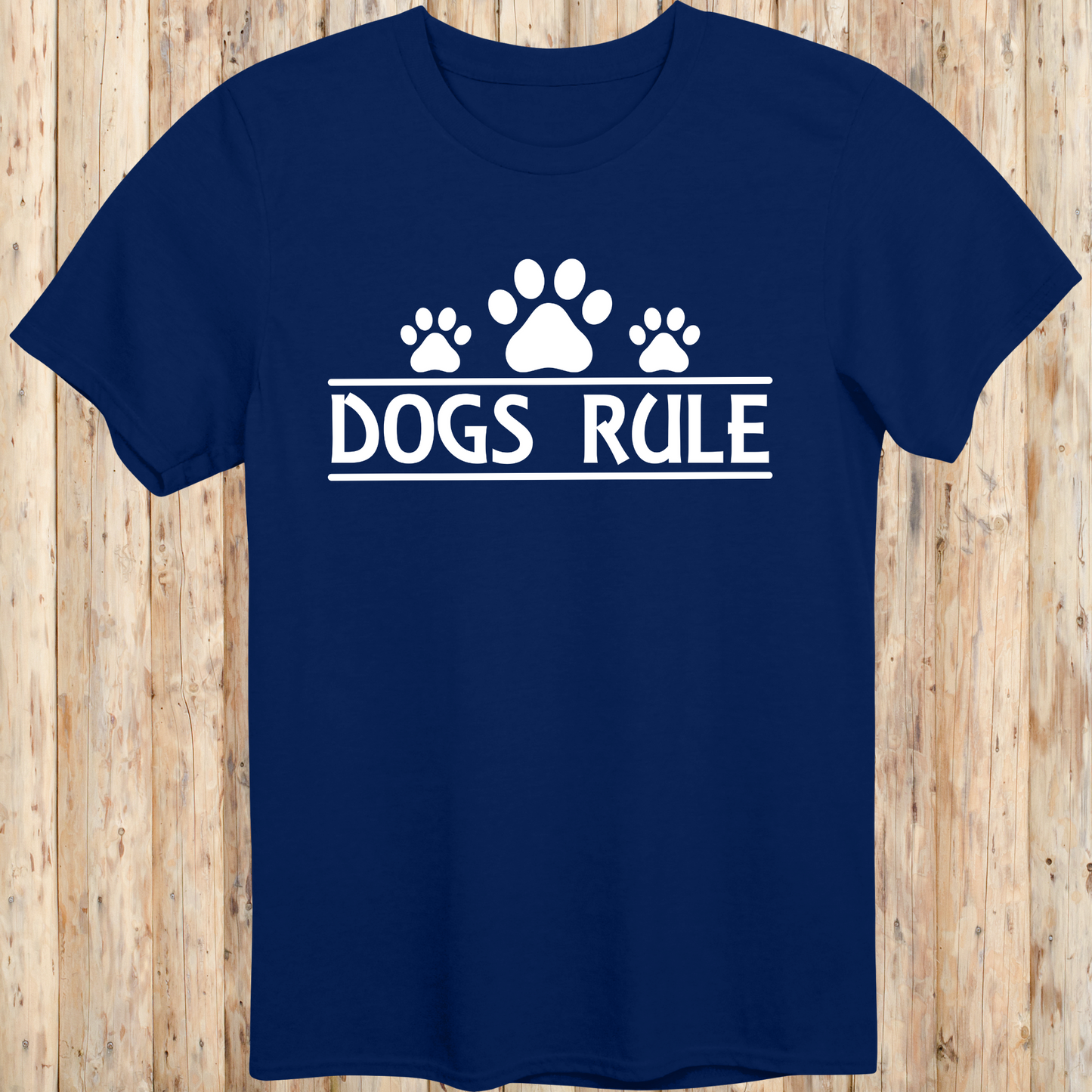 Navy blue unisex t-shirt with text that says 'Dogs Rule', ideal for dog lovers and pet enthusiasts