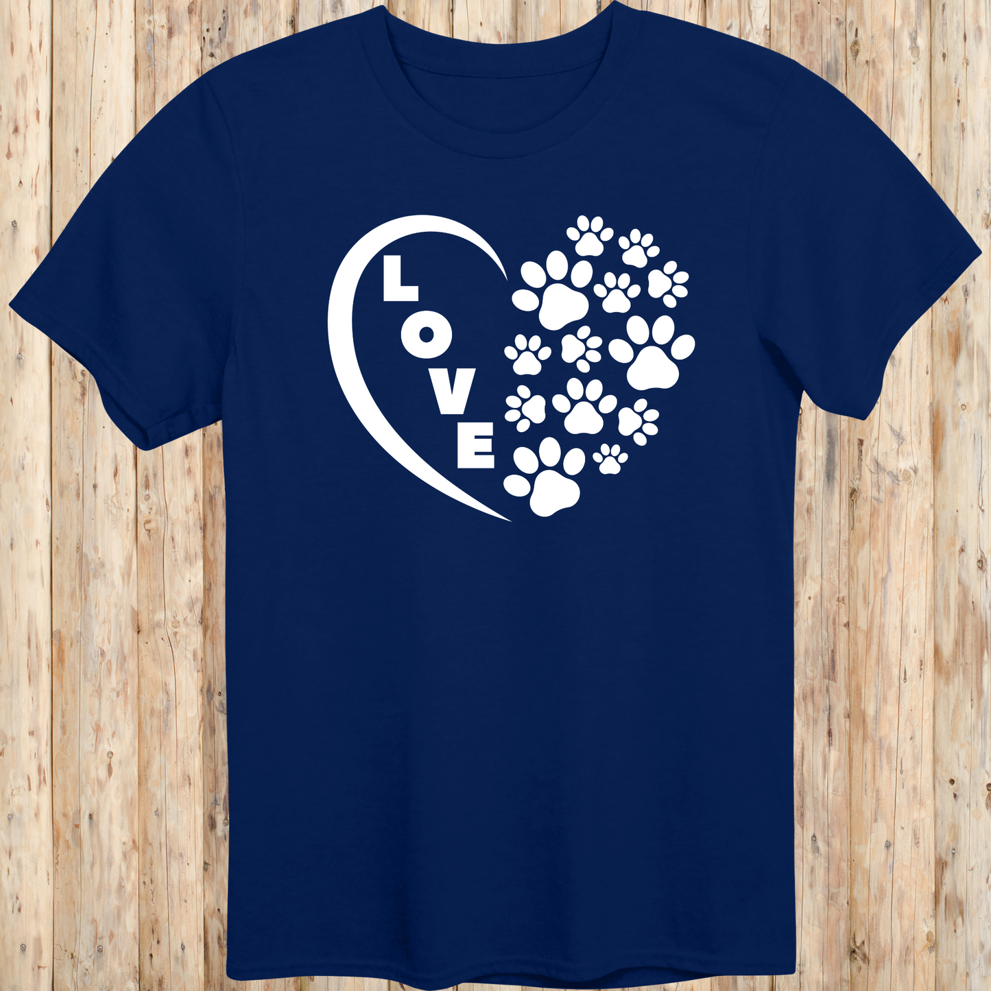 dog cat rescue adopt t-shirt heart paw prints love for animal lover men women adults humans in navy blue