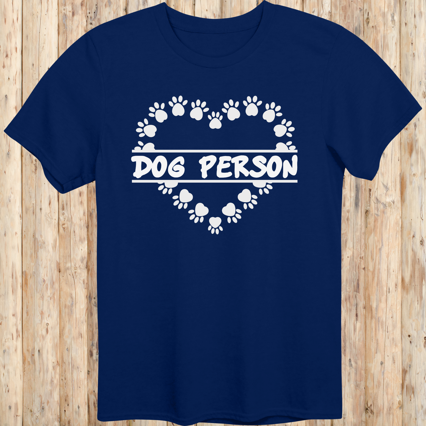 Navy blue unisex t-shirt with text that reads 'Dog Person', perfect for dog lovers and pet owners
